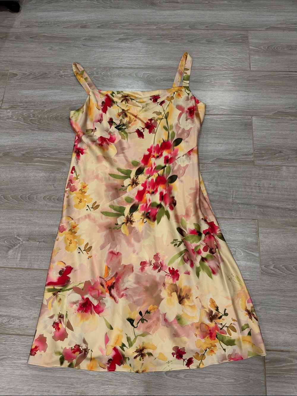 Donna Karan Yellow Floral Midi Slip Dress with Pink & Green Accents size 16